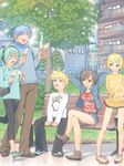  3girls akinbo_(hyouka_fuyou) bad_id bad_pixiv_id bench brother_and_sister crossed_legs day everyone food hatsune_miku ice_cream kagamine_len kagamine_rin kaito leggings meiko multiple_boys multiple_girls no_socks outdoors siblings sitting twins vocaloid 