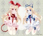  angel angel_wings animal_ears bare_legs blonde_hair blue_eyes bunny_ears clear-lapis demon_wings detached_sleeves disgaea dress dual_persona flonne flonne_(fallen_angel) long_hair makai_senki_disgaea_2 pointy_ears red_eyes tail time_paradox wings 