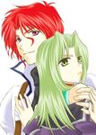 1girl artist_request axel_almer brown_eyes couple green_hair hetero hug lamia_loveless looking_afar looking_at_viewer purple_eyes red_hair simple_background super_robot_wars super_robot_wars_advance upper_body white_background yellow_eyes 