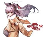 1girl air_qh alternate_costume amatsukaze_(kantai_collection) bangs fang hair_between_eyes hair_ornament happy_new_year highres holding japanese_clothes kantai_collection kimono long_hair long_sleeves looking_at_viewer new_year open_mouth rensouhou-kun silver_hair simple_background smoke smokestack standing two_side_up white_background windsock yellow_eyes yukata 