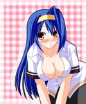  arcana_heart blue_hair blush breasts cleavage large_breasts open_clothes open_shirt pantyhose shirt solo tsukimi_pasta tsuzura_saki 