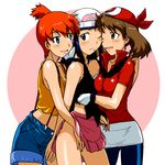  bandana bare_arms bare_shoulders beanie bike_shorts breasts denim denim_shorts groping haruka_(pokemon) hat highres hikari_(pokemon) kakkii kasumi_(pokemon) medium_breasts multiple_girls pokemon pokemon_(anime) shorts side_ponytail skirt skirt_lift sleeveless spandex suspenders yuri 