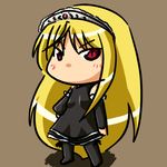  black_dress blush brown_background chibi dress full_body hime_(kaibutsu_oujo) kaibutsu_oujo long_hair long_sleeves looking_at_viewer red_eyes shojinn_hitogenomu sidelocks solo standing tiara 