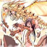  black_hair blonde_hair bottomless breasts closed_eyes covered_nipples dragon_girl dragon_wings fire flat_chest hanging_breasts horns large_breasts long_hair lowres magic:_the_gathering monster_girl multiple_girls oekaki orange_eyes staff tail wings yonezuka_ryou zirilan_of_the_claw 