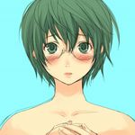  blush glasses green_eyes green_hair hatsukoi_limited mosha nude short_hair sketch solo upper_body watase_meguru 