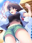  breasts brown_hair covered_nipples fish fishing fishing_line fishing_lure from_below happy large_breasts midriff navel no_panties red_hair rope short_hair short_shorts shorts solo syacyo tomboy umihara_kawase umihara_kawase_(character) upshirt upshorts 