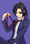  1girl androgynous belt black_eyes black_hair blue_jacket blue_pants dress_shirt esikodama eyepatch gintama high_ponytail holding_necktie jacket long_hair long_sleeves necktie open_clothes open_jacket pants purple_background red_neckwear shirt simple_background sitting solo white_shirt yagyuu_kyuubei 