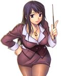  breasts cleavage curvy formal hae-young_na hand_on_hip highres jacket jewelry large_breasts leaning_forward lipstick makeup miniskirt necklace pantyhose pencil_skirt pointer purple_eyes purple_hair simple_background skirt skirt_suit smile solo soo-hyon_lee suit teacher thick_thighs thighs unbalance_unbalance wide_hips 