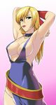  armpits arms_up bare_shoulders belt blonde_hair blush bonne_jenet bracelet breasts cherry choker cleavage covered_nipples dress fatal_fury fingerless_gloves food fruit g-tetsu gloves green_eyes highres jewelry large_breasts long_hair mark_of_the_wolves no_bra panties pirate skirt snk solo underwear white_panties 