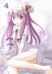  blush bottomless bow hair_bow hat long_hair mashayuki open_clothes open_shirt patchouli_knowledge purple_eyes purple_hair shirt sketch solo touhou 