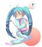  blue_hair crowbar hatsune_miku kurohara_yuu long_hair pajamas pillow pillow_hug solo spring_onion thought_bubble twintails vocaloid 