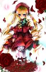  aquamarine bangs blonde_hair blunt_bangs bonnet bow bowtie dress drill_hair frills green_bow green_eyes green_neckwear long_hair long_sleeves looking_at_viewer red_dress rozen_maiden shinku sidelocks simple_background solo twin_drills twintails white_background 