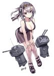  1girl air_qh artist_name bangs bare_shoulders bikini black_bikini black_headband breasts chou-10cm-hou-chan_(suzutsuki&#039;s) cleavage closed_mouth clothes_writing collarbone full_body hachimaki hair_between_eyes hair_flaps hands_on_own_knees headband highres kantai_collection large_breasts looking_at_viewer machinery one_side_up sandals see-through short_hair silver_eyes silver_hair simple_background smile solo suzutsuki_(kantai_collection) swimsuit white_background 
