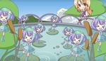  &gt;_&lt; :d artist_request blonde_hair blue_hair clone closed_eyes hat iosys kawashiro_nitori key lily_pad lowres moriya_suwako multiple_girls open_mouth skirt smile touhou two_side_up xd 