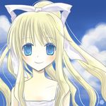  air blonde_hair blue_eyes cloud day hair_ribbon kamio_misuzu long_hair lowres ribbon shima_yukiwa sky smile solo 