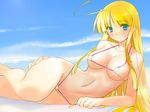  ahoge bikini blonde_hair breasts cleavage green_eyes highres large_breasts lying micro_bikini on_side orion_(orionproject) rance5d rance_(series) rizna_lanfebit solo swimsuit wallpaper 