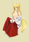  animal_ears blonde_hair blue_eyes breasts fox_ears fox_tail hakama ie_(mochi) japanese_clothes large_breasts miko nipples open_clothes open_shirt original red_hakama shirt sitting solo tabi tail topless twintails 