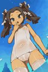  ass_visible_through_thighs bad_id bad_pixiv_id blue_eyes blush brown_hair cameltoe cloud covered_navel day finger_in_mouth flat_chest from_below itsukia medium_hair one-piece_swimsuit original outdoors school_swimsuit see-through sky solo swimsuit thighhighs twintails wading water water_drop wet white_legwear white_school_swimsuit white_swimsuit 