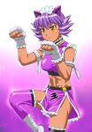  animal_ears armlet bare_shoulders belt buckle dark_skin fighting_stance frills gradient gradient_background impossible_clothes juuken_sentai_gekiranger leg_garter leg_up loincloth paw_pose pink_legwear purple_hair revealing_clothes short_hair solo standing standing_on_one_leg super_sentai thighhighs ueyama_michirou wolf_ears yellow_eyes 