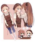  2girls apron bangs blonde_hair blue_eyes blush blush_stickers braid breasts brown_hair chibi closed_mouth coffee_pot collarbone expressionless eyebrows_visible_through_hair eyes_closed forced_smile g36_(girls_frontline) girls_frontline green_eyes hair_between_eyes hair_ribbon hair_rings highres holding holding_pot holding_tray large_breasts long_hair looking_at_viewer m1903_springfield_(girls_frontline) medium_breasts mod3_(girls_frontline) multiple_girls multiple_views open_mouth pants ponytail ribbon shirt shoes shuzi sidelocks smile sweatdrop tray very_long_hair 