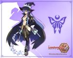  blue_hair boots breasts cleavage detached_sleeves earrings fatima_(luminous_arc) hair_over_one_eye hat jewelry long_hair luminous_arc luminous_arc_2 medium_breasts midriff navel pendant purple_eyes shibano_kaito solo thighhighs very_long_hair wallpaper witch witch_hat 