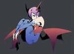  animal_print bat_print bat_wings blue_legwear demon_girl flat_chest high_heels leotard lilith_aensland pantyhose print_legwear purple_hair red_eyes red_leotard sacchin_(yama) shoes solo succubus vampire_(game) wings 