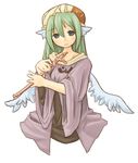  7010 copyright_request flute green_eyes green_hair hat head_wings instrument lowres solo wings 