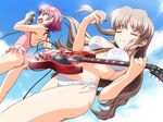  back between_breasts bikini breasts brown_hair closed_eyes day dutch_angle frilled_swimsuit frills game_cg guitar instrument kashiwara_sarina katakura_shinji kira_kira long_hair microphone multiple_girls music one-piece_swimsuit pink_eyes pink_hair playing_instrument plectrum polka_dot polka_dot_swimsuit shiino_kirari short_hair side-tie_bikini singing strap_cleavage swimsuit 