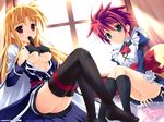  black_legwear blonde_hair blush breasts erio_mondial fate_testarossa kouzuki_hajime long_hair lyrical_nanoha mahou_shoujo_lyrical_nanoha_strikers medium_breasts miniskirt mouth_hold multiple_girls otoko_no_ko red_eyes skirt thighhighs underboob undressing zettai_ryouiki 