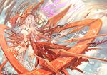  breasts detached_sleeves dragon gears gin_(oyoyo) glowing glowing_eyes large_breasts long_hair mecha_musume nail_polish pixiv_fantasia pixiv_fantasia_4 red_eyes red_nails red_queen silver_hair sky solo sparks sun tattoo very_long_hair 