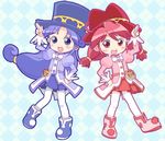  argyle argyle_background blue_eyes blue_hair blue_hat bow bowtie buttons commentary eyebrows_visible_through_hair fine fushigiboshi_no_futago_hime hat hatomugi_(mamotan) long_hair long_sleeves low-tied_long_hair multiple_girls open_mouth outline pantyhose pink_eyes red_hair red_hat red_skirt rein skirt smile 