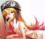 bad_id bad_pixiv_id bakemonogatari bare_shoulders bent_over blonde_hair breasts cleavage commentary_request doughnut dress eating food goggles goggles_on_head hat helmet highres hinagawa-mei long_hair monogatari_(series) mouth_hold oshino_shinobu red_eyes small_breasts solo strap_slip vampire 