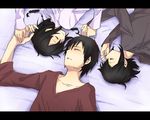  2girls black_hair closed_eyes durarara!! hirasaka_ine holding_hands lying multiple_girls on_back on_stomach orihara_izaya orihara_kururi orihara_mairu 