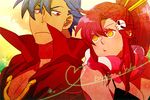  1girl :&lt; back-to-back bad_id bad_pixiv_id blue_hair cape character_name couple eye_contact hair_ornament hairclip heart heart_of_string hetero kamina looking_at_another pout red_hair scarf sg2119 tengen_toppa_gurren_lagann yoko_littner 