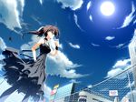  black_dress brown_eyes brown_hair cigarette cloud collar dress earrings game_cg hair_ornament hairclip highres jewelry kagome_(traumatize) lace minakami_yuki necklace ponytail sky smoking solo subarashiki_hibi sun thighhighs 