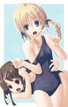  2girls blonde_hair blue_eyes brown_eyes brown_hair competition_swimsuit hair_ornament hairclip long_hair multiple_girls one-piece_swimsuit original pulled_by_another swimsuit swimsuit_pull twintails 