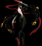  ass backless_outfit bayonetta bayonetta_(character) black_hair bodysuit crossed_legs dual_wielding elbow_gloves from_behind glasses gloves gun hair_bun hair_ornament hair_ribbon holding long_hair noname_(nowhere) ribbon simple_background solo standing very_long_hair weapon 