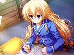  akatsuki_no_goei blonde_hair blue_eyes breasts game_cg highres homework kurayashiki_tae long_hair mechanical_pencil medium_breasts pajamas pencil solo tomose_shunsaku very_long_hair 