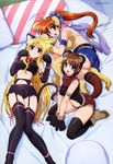  absurdres animal_ears bed bell blonde_hair blue_eyes brown_hair cat_ears dog_ears elbow_gloves fate_testarossa garter_belt gloves highres lingerie long_hair lyrical_nanoha mahou_shoujo_lyrical_nanoha_strikers megami miniskirt multiple_girls non-web_source okuda_yasuhiro panties paw_gloves paw_shoes paws pinup purple_eyes red_eyes scan shoes short_hair skirt tail takamachi_nanoha thighhighs underwear yagami_hayate 