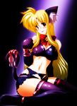  45acp animal_ears bell blonde_hair bra breasts cat_ears cat_tail covered_nipples elbow_gloves fate_testarossa garter_belt gloves jingle_bell large_breasts lingerie long_hair lyrical_nanoha mahou_shoujo_lyrical_nanoha_strikers panties red_eyes ribbon solo tail thighhighs underwear underwear_only 