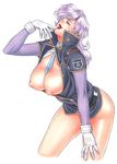  blue_eyes breasts gloves large_breasts lipstick makeup motchie necktie no_panties police purple_hair silent_moebius solo 