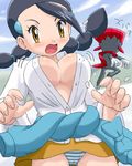  black_hair braid breasts brown_eyes bursting_breasts buttons clothes_around_waist covered_nipples flying_button gen_4_pokemon gym_leader large_breasts lowres multi-tied_hair no_bra open_clothes open_shirt panties pokemoa pokemon pokemon_(creature) pokemon_(game) pokemon_dppt popped_button shirt striped striped_panties suzuna_(pokemon) sweater sweater_around_waist twin_braids underwear wardrobe_malfunction weavile 