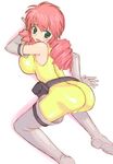  ass belt bent_over blush bodysuit boots breasts cameltoe drill_hair elbow_gloves feldt_grace from_behind gloves green_eyes gundam gundam_00 hirose_(mokiki) huge_breasts long_hair looking_back open_mouth pink_hair solo thigh_boots thighhighs twintails yellow_bodysuit 