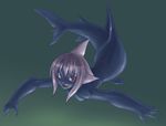  :d blue_skin breasts copyright_request dark fangs fins gills gradient gradient_background green_background mermaid monster_girl noise nude open_mouth purple_hair red_eyes shark_fin shark_girl sharp_teeth short_hair small_breasts smile solo swimming teeth v-shaped_eyebrows 