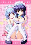  :o ayakashi ayakashi_h blue_hair blush breast_squeeze breasts cleavage highres large_breasts long_hair maid multiple_girls non-web_source orange_eyes panties pantyshot pantyshot_(sitting) pink_eyes shadow shiragami_kikuri short_hair sitting smile thighhighs toma_(asagayatei) underwear white_legwear white_panties yoake_eimu 