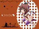  animal animal_on_head beads blush brown_eyes brown_hair cat cat_on_head cross demon demon_tail doll_joints green_eyes halloween heterochromia high_heels horns jewelry kinako_(moment) latin_cross necklace on_head orange_background purple_legwear rozen_maiden shoes short_hair smile solo souseiseki tail thighhighs tombstone trick_or_treat 