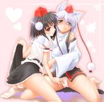  animal_ears barefoot feet gizensha hat inubashiri_momiji kneeling multiple_girls panties pom_pom_(clothes) shameimaru_aya tokin_hat touhou underwear wolf_ears yuri 