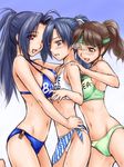  ahoge akizuki_ritsuko alternate_hairstyle antenna_hair bikini black_eyes blue_eyes blush breast_press breasts brown_eyes brown_hair clenched_teeth cowboy_shot girl_sandwich green_bikini hand_on_shoulder headband idolmaster idolmaster_(classic) idolmaster_1 kisaragi_chihaya medium_breasts midriff miura_azusa multiple_girls navel no_eyewear o-ring o-ring_bikini o-ring_bottom one_eye_closed open_mouth ponytail red_eyes rona sandwiched sarong striped striped_sarong sweat swimsuit teeth visor_cap white_bikini 