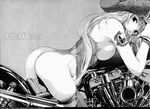  ass back blush bottomless bracelet breast_press breasts chain comic corset cowboy_hat flower greyscale ground_vehicle hat highres jewelry large_breasts long_hair looking_back lying monochrome motor_vehicle motorcycle natsume_maya no_panties on_stomach oogure_ito pubic_hair rose scan sideboob skull solo sweat tattoo tenjou_tenge western 