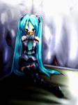  aqua_hair bdsm bondage bound gag gagged hachikumo hatsune_miku improvised_gag long_hair rope solo tape tape_gag thighhighs twintails very_long_hair vocaloid 